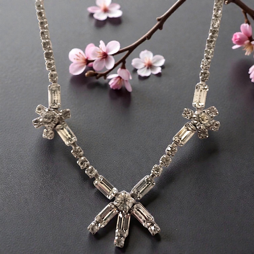 Vintage Baguette Rhinestone Statement Necklace Silver Tone Bridal Glam Hollywood